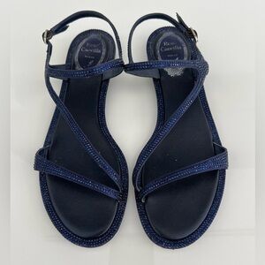 RENE CAOVILLA NAVY BLUE LEATHER SATIN CRYSTAL SANDALS SIZE IT 38.5 / US 38.5